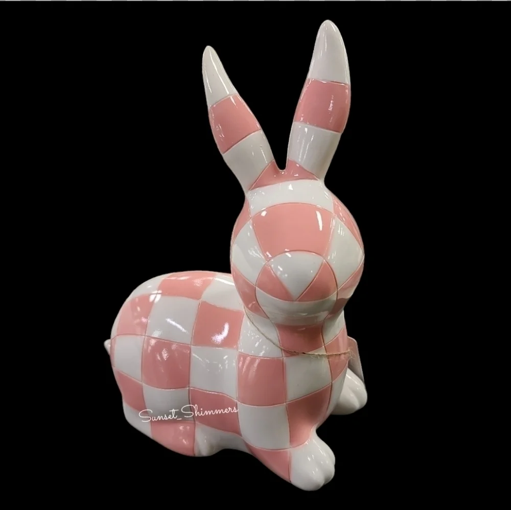 2pc Pink White MacKenzie Style Courtly Check Easter Bunny Rabbit & Egg Decor Set